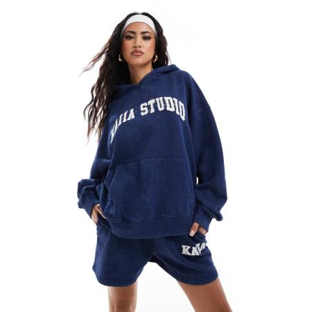 Kaiia Oversized hoodie met logo-applicatie in denim blauw, deel van co-ord set