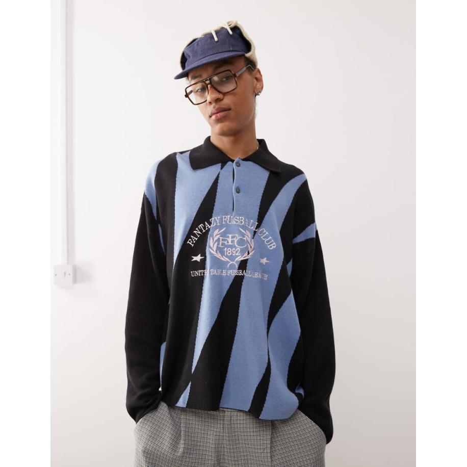 Weekday - Rene - Polo-sweatshirt met grafische fantazy fussball-print in zwart en blauw Zwart