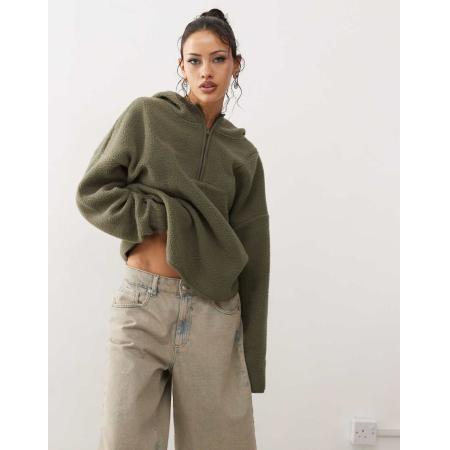 Noisy May Fleece met 1/4 rits en capuchon in kaki-Groen