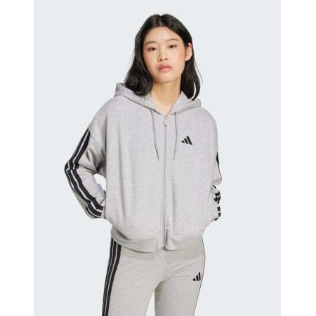 adidas performance Essentials Hoodie van badstof met 3-Stripes en rits in gemêleerd middengrijs / zwart