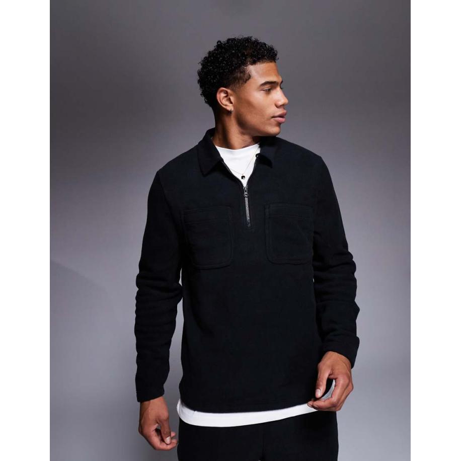 ASOS DESIGN - Sweatshirt van fleece met kwartrits en kraagje in marineblauw-Zwart Zwart