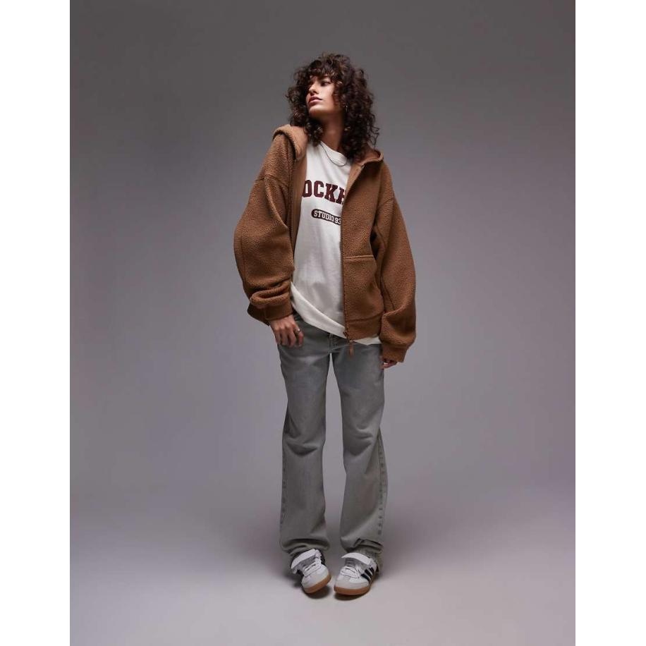 Topshop Fleece hoodie van borg met rits in toffeebruin Bruin