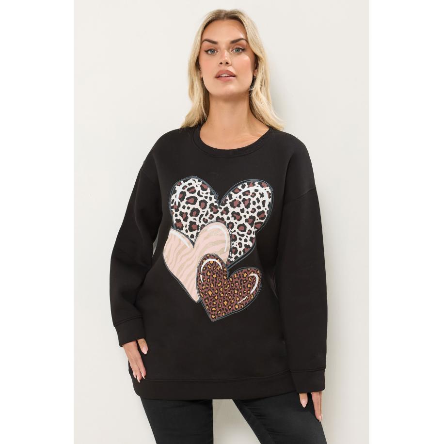 Yours Curve Zwart Sweatshirt Met Luipaardprint En Hartjes Size 58-60 Zwart