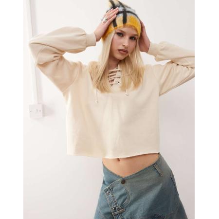 Monki Cropped hoodie met kanten details in gebroken wit