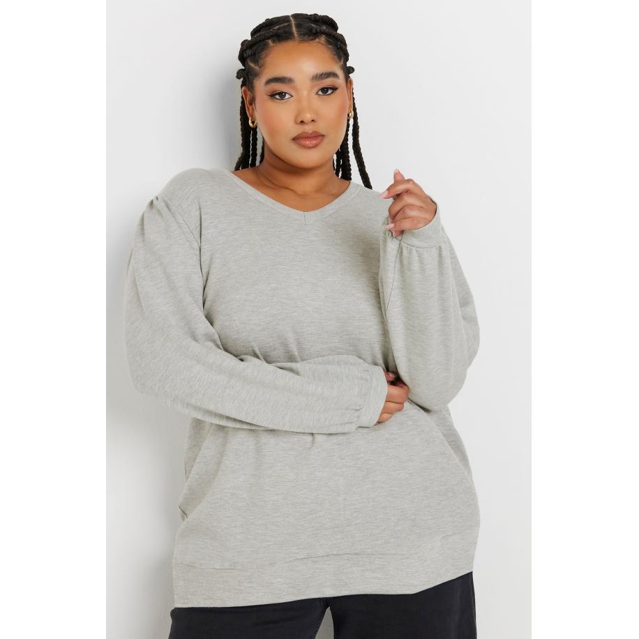 Yours Sweatshirt Met Vhals In Gemêleerd Lichtgrijs Size 58-60 Grijs