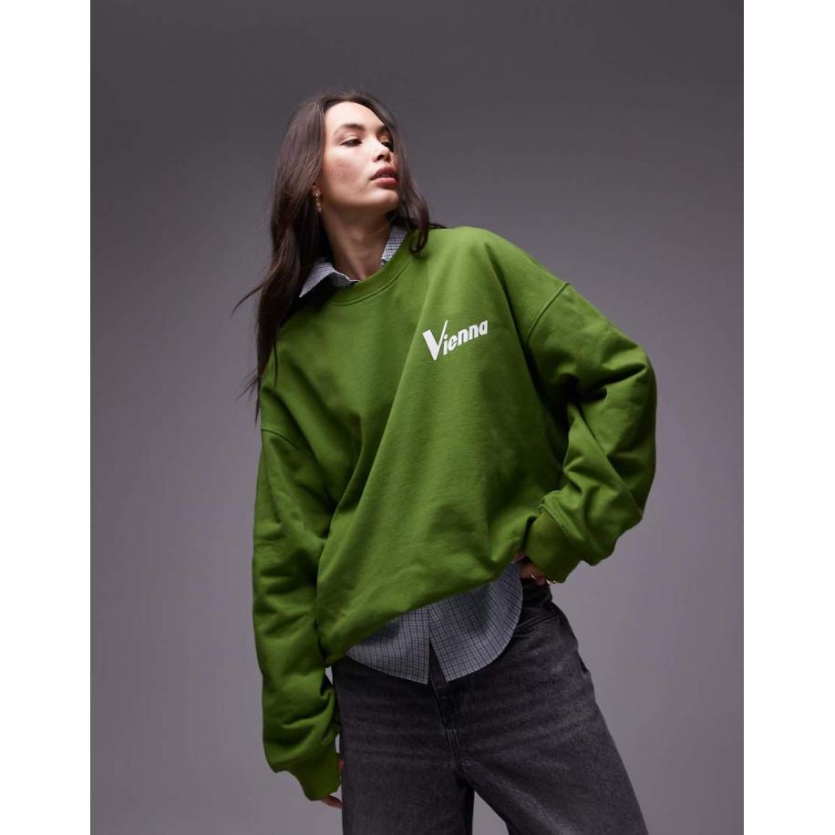 Topshop Oversized sweatshirt met 'Vienna'-slogan in donkergroen Groen