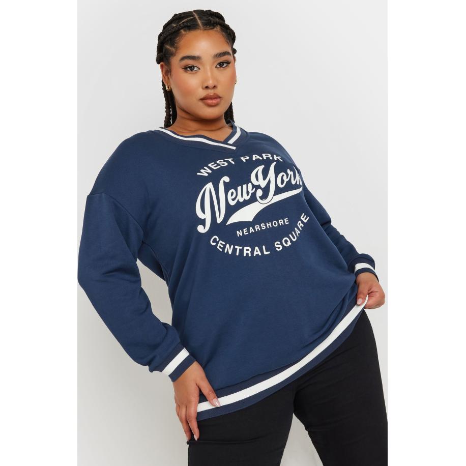 Yours Varsity Sweatshirt Met 'New York' Slogan In Donkerblauw Size 58-60 Blauw