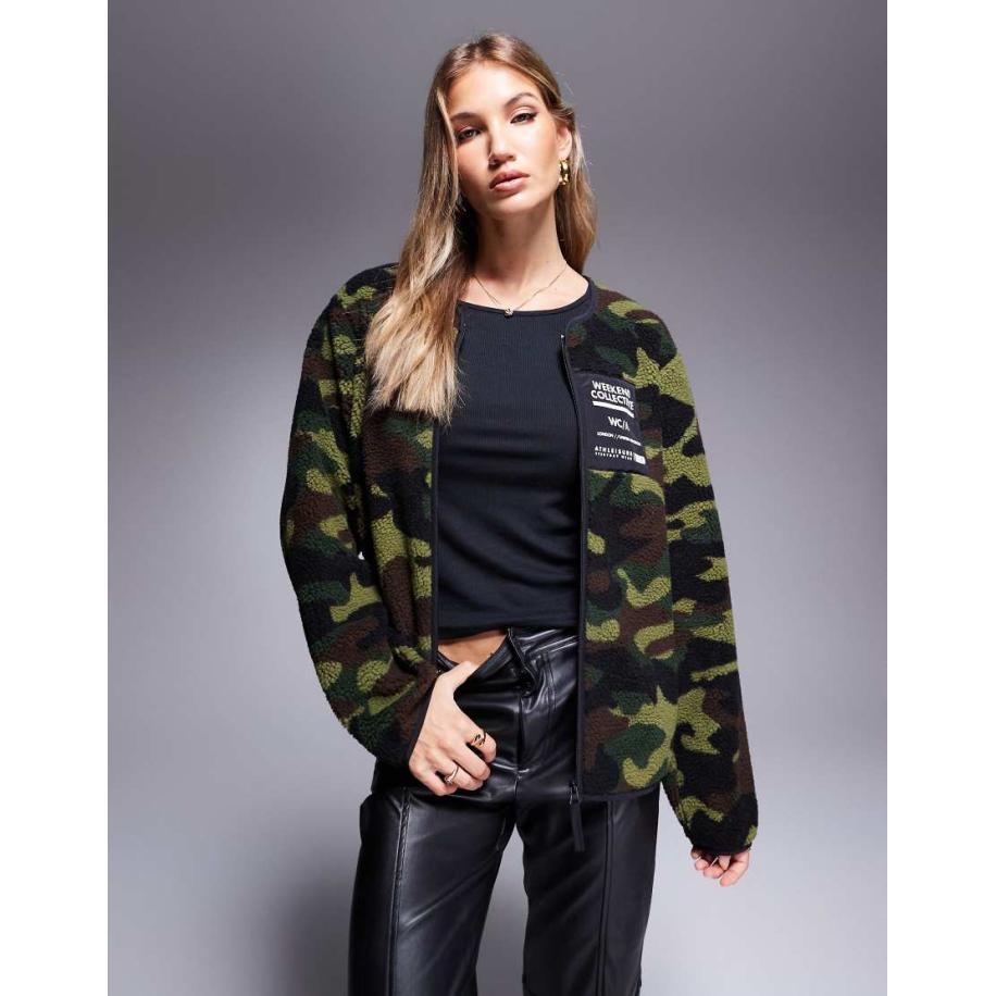 ASOS Weekend Collective Borg sweater met rits en camouflageprint-Veelkleurig Multicolor