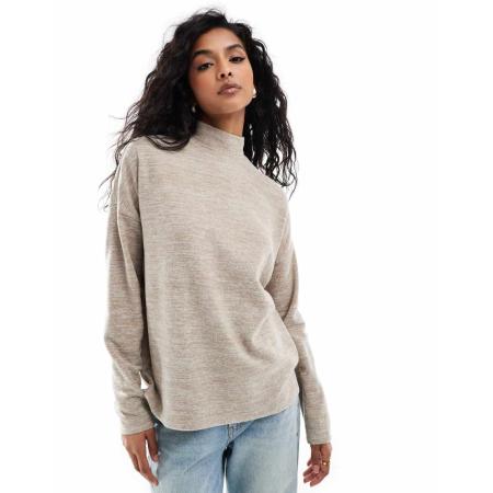 Vero Moda Hoogsluitende oversized top van jersey in gemêleerd beige-Neutraal