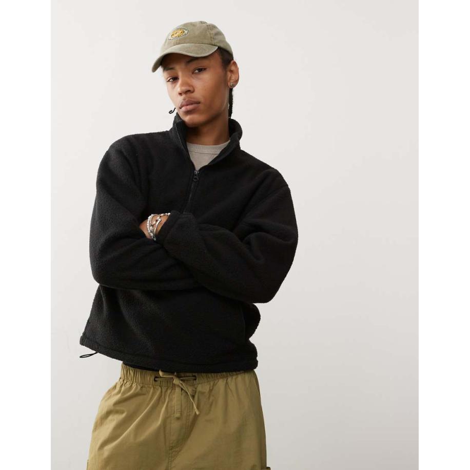 Weekday - Travis - Sweatshirt van borg fleece met korte rits in zwart Zwart