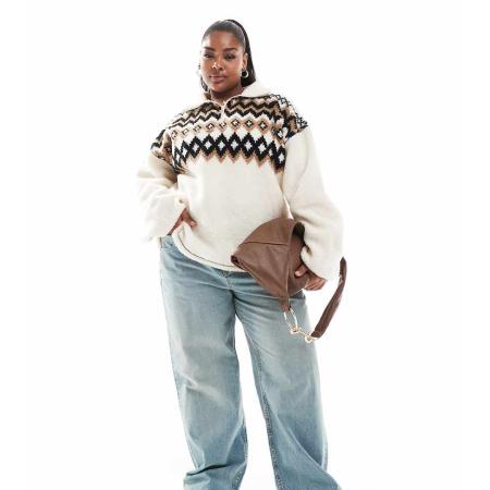 ASOS DESIGN Curve Trui van borg met halve rits en Fair Isle-ontwerp-Veelkleurig