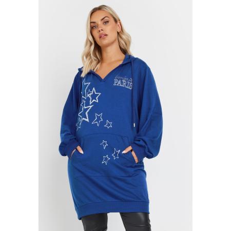 Yours Lange Hoodie Met 'Paris' Slogan En Sterrenprint In Blauw Size 46