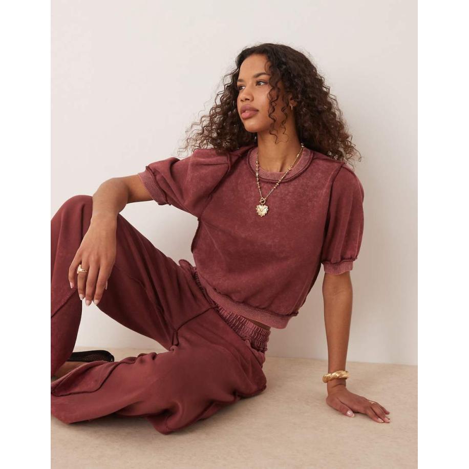 ASOS DESIGN Sweater T-shirt met zichtbare naden en korte mouwen in bordeauxrood met wassing, deel van co-ord set Rood