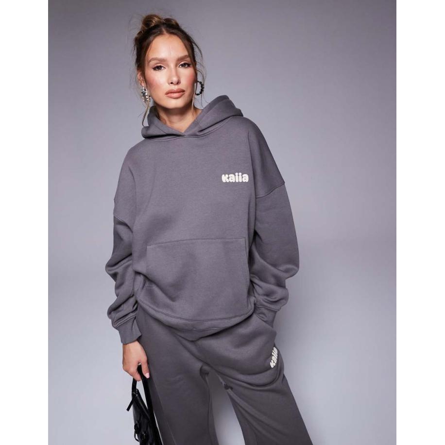 Kaiia Studio Oversized hoodie met print in donkergrijs en geel, deel van co-ord set Grijs
