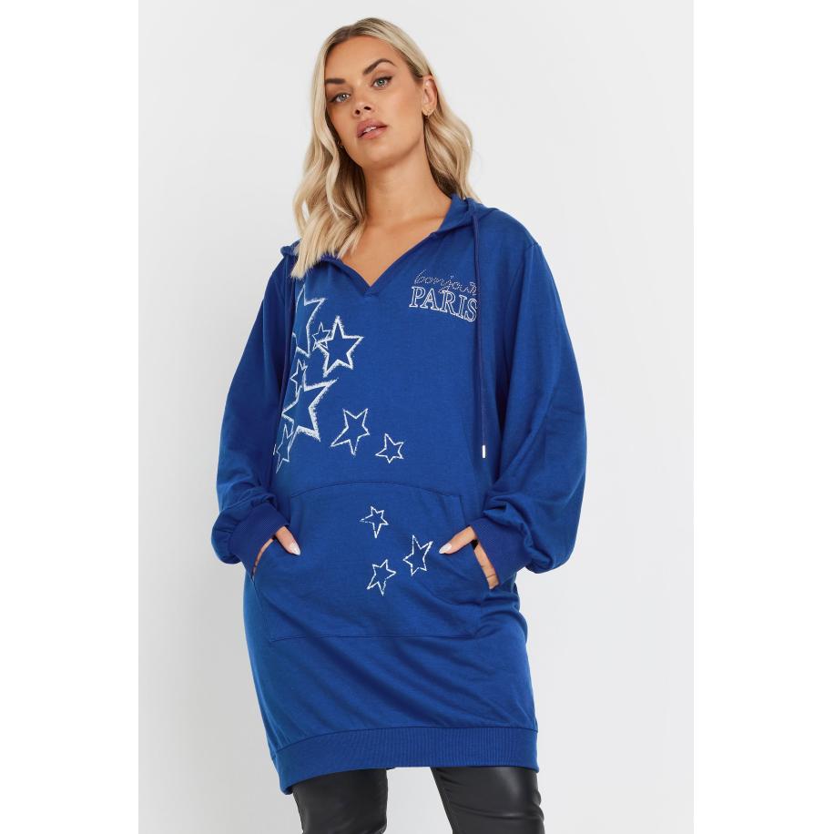 Yours Lange Hoodie Met 'Paris' Slogan En Sterrenprint In Blauw Size 46 Blauw