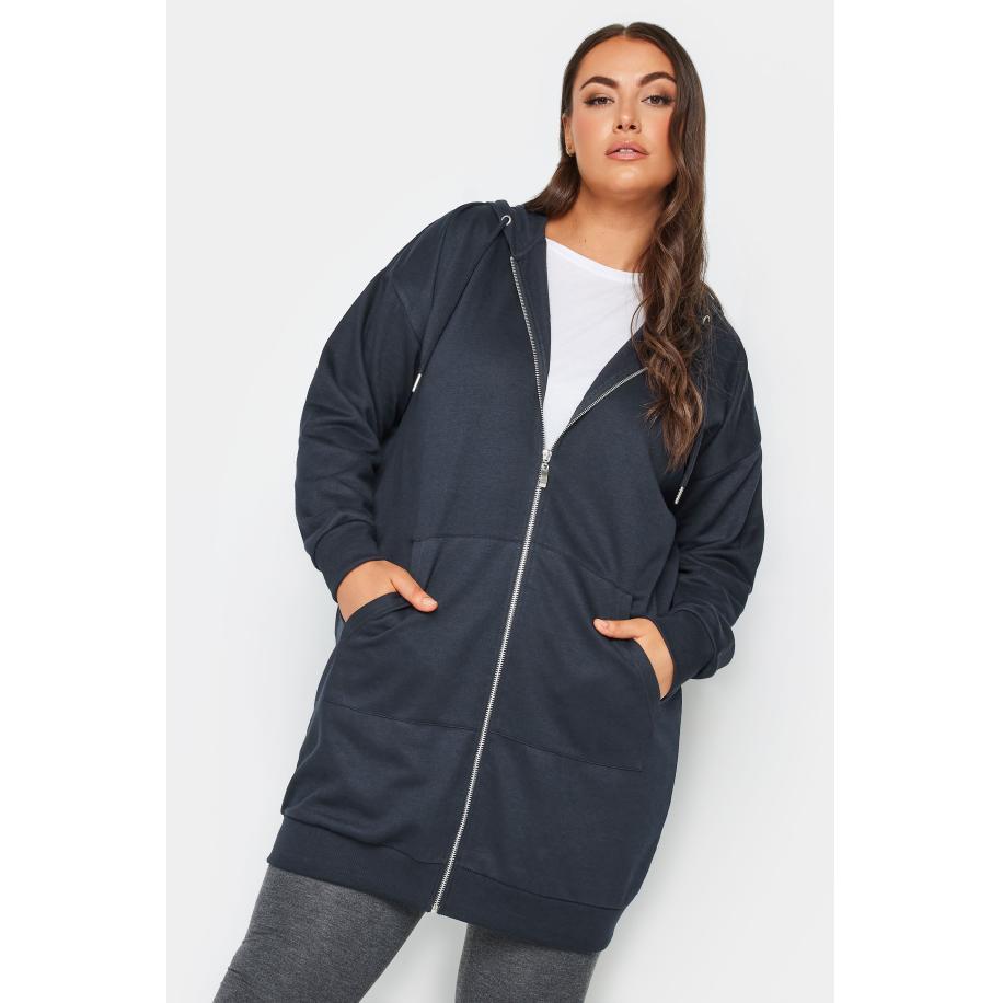 Yours Lange Hoodie Met Rits & Zakken In Donkerblauw Size 54-56 Blauw