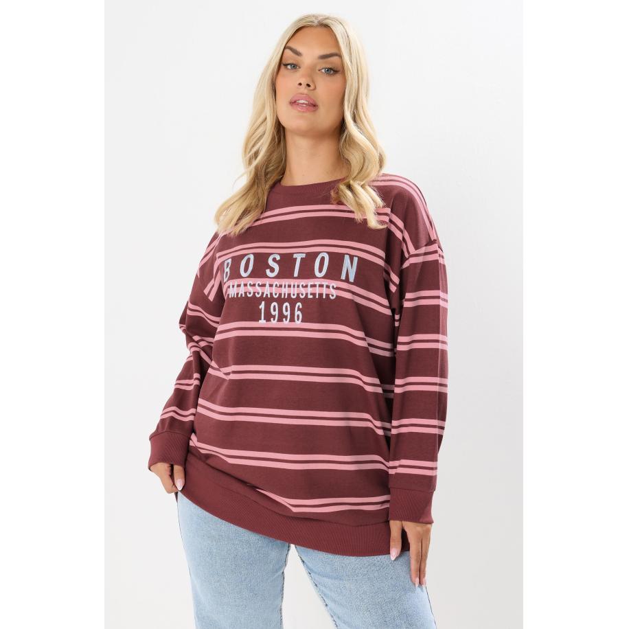 Yours Curve Rode Boston Slogan Strepen Sweatshirt Size 62-64 Rood