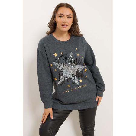 Yours Curve Grey 'Shine Bright' Sweatshirt Met Ster En Paillettenversiering Size 54-56