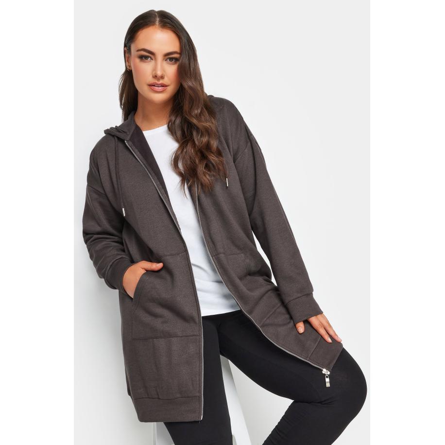 Yours Lange Hoodie Met Rits & Zakken In Donkergrijs Size 44 Grijs