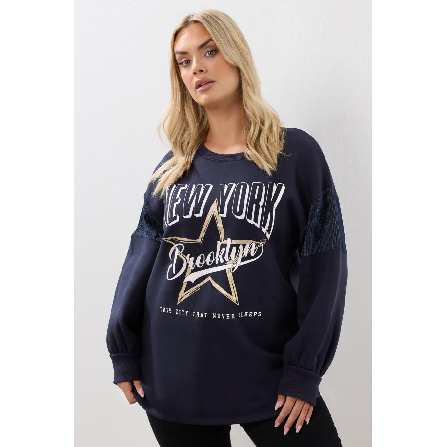 Yours Curve Marineblauwe 'New York' Slogan Sweatshirt Size 58-60 Blauw