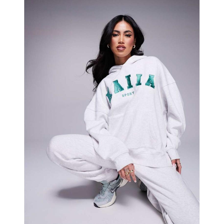 Kaiia Hoodie met geborduurd sportlogo in gemêleerd grijs, deel van co-ord set Grijs