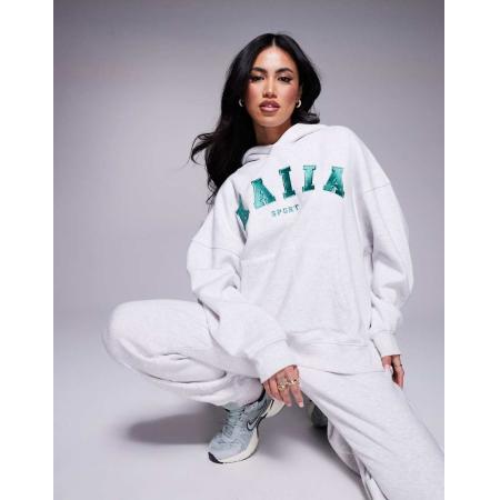 Kaiia Hoodie met geborduurd sportlogo in gemêleerd grijs, deel van co-ord set