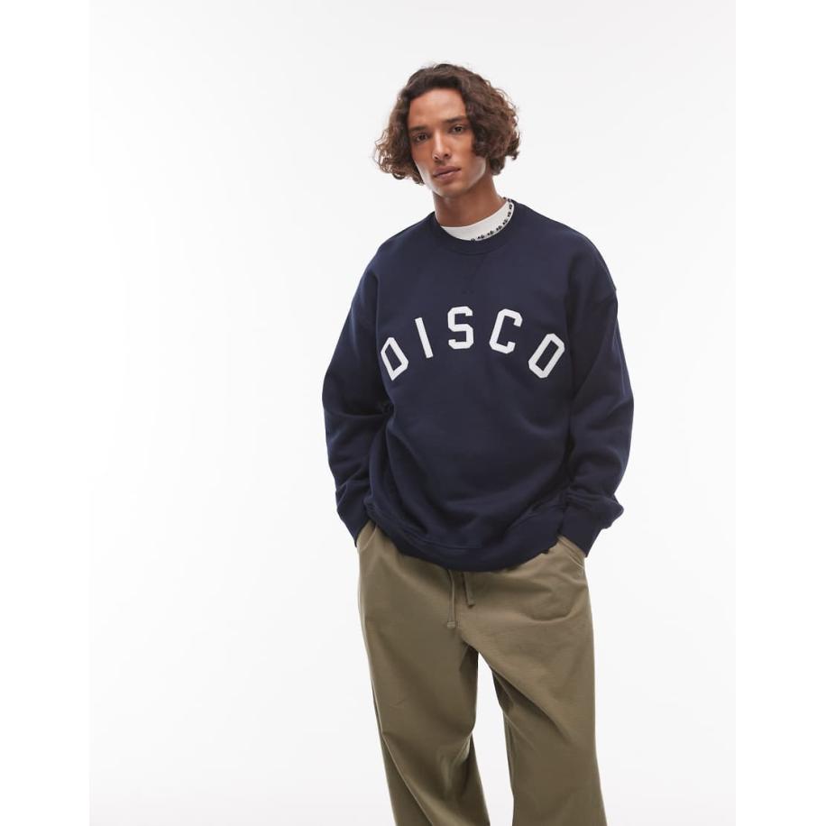 Topman - Oversized sweatshirt met geborduurde 'Disco' applicatie in marineblauw Blauw