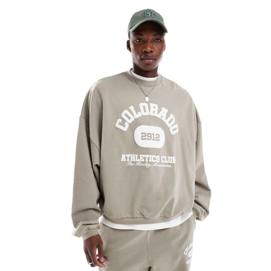 ASOS DESIGN - Extreem oversized sweatshirt met vintage logo puffprint in stone, deel van co-ord set-Groen Groen