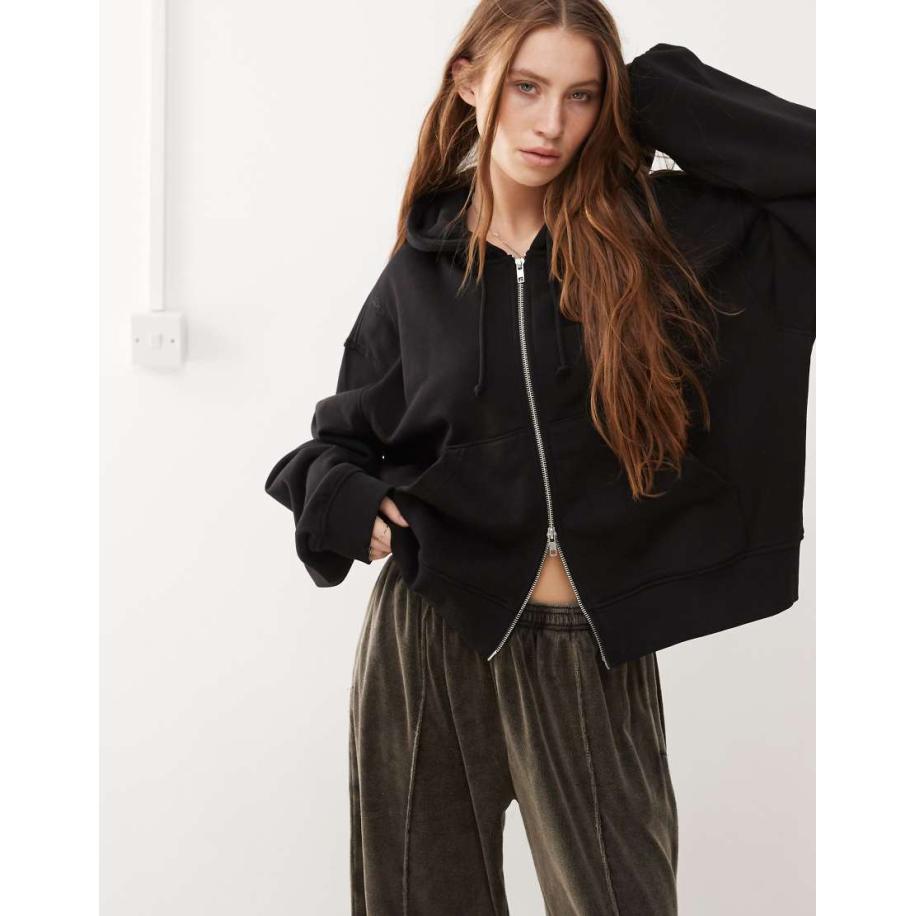 Weekday Essence Rechte hoodie met ritssluiting in zwart Zwart