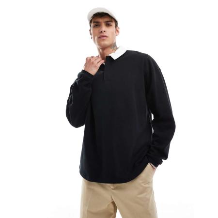 ASOS DESIGN - Oversized rugbyshirt in zwart