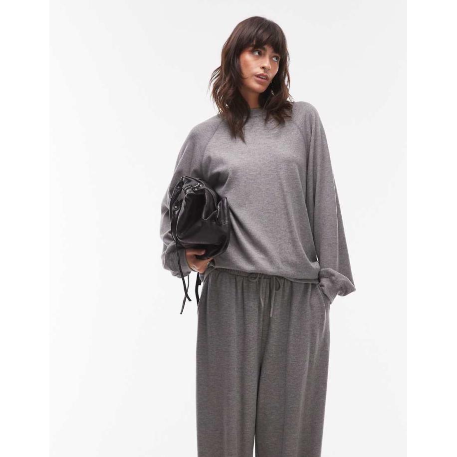 Topshop Premium Geribbelde sweater met raglanmouwen in grijs Grijs
