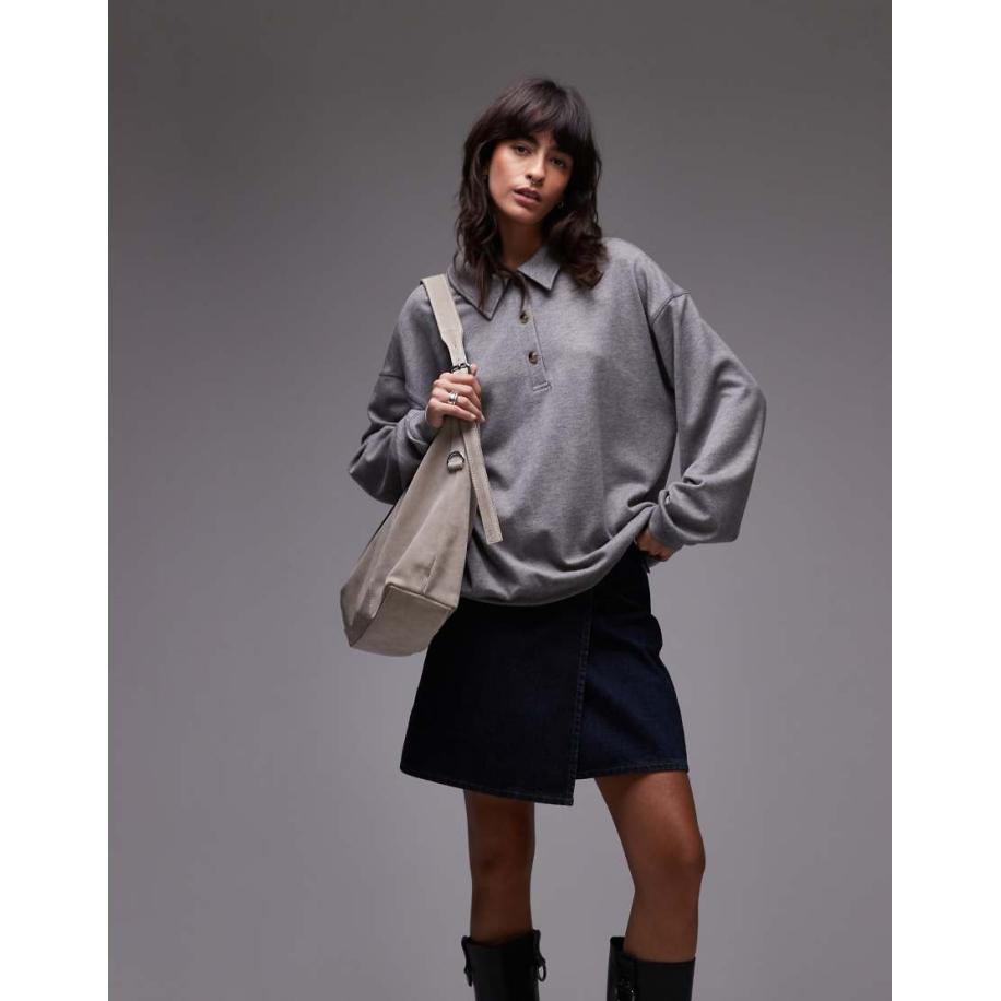 Topshop Premium Geribbelde polotop in grijs Grijs