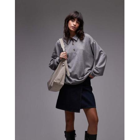 Topshop Premium Geribbelde polotop in grijs