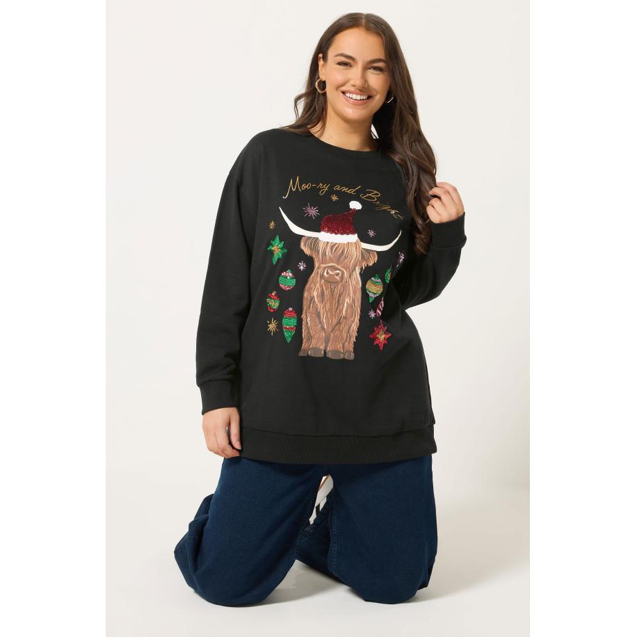 Yours Curve Zwarte Highland Cow Met Pailletten Versierde Kersttrui Size 62-64 Zwart