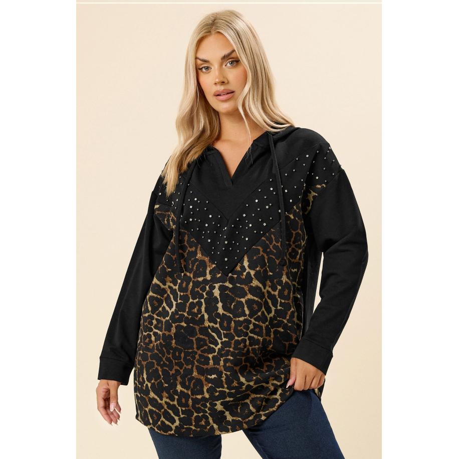 Yours Curve Zwarte Luipaardprint Stud Hoodie Size 54-56 Zwart