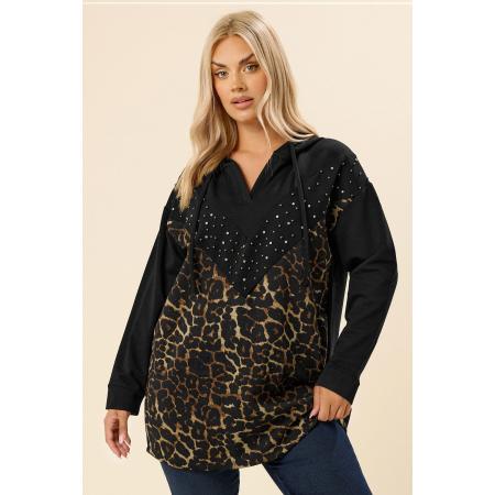 Yours Curve Zwarte Luipaardprint Stud Hoodie Size 54-56
