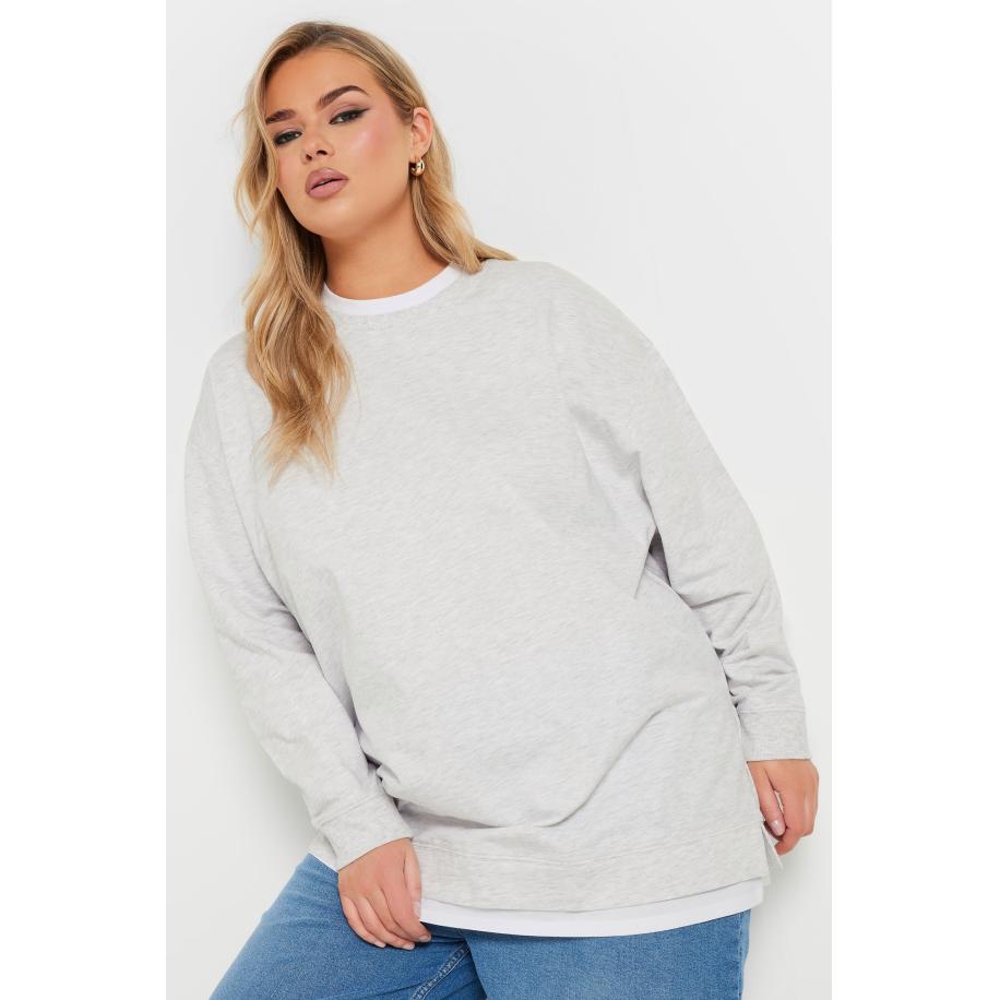 Yours Katoenen Trui Met 2In1 Ontwerp In Gemêleerd Grijs Size 66-68 Grijs