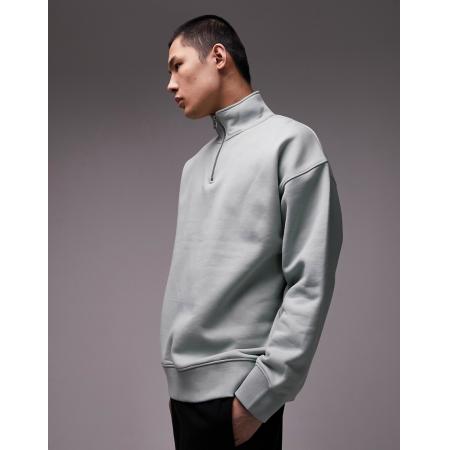 Topman - Premium - Oversized sweatshirt van zware stof met 1/4 rits in saliegroen