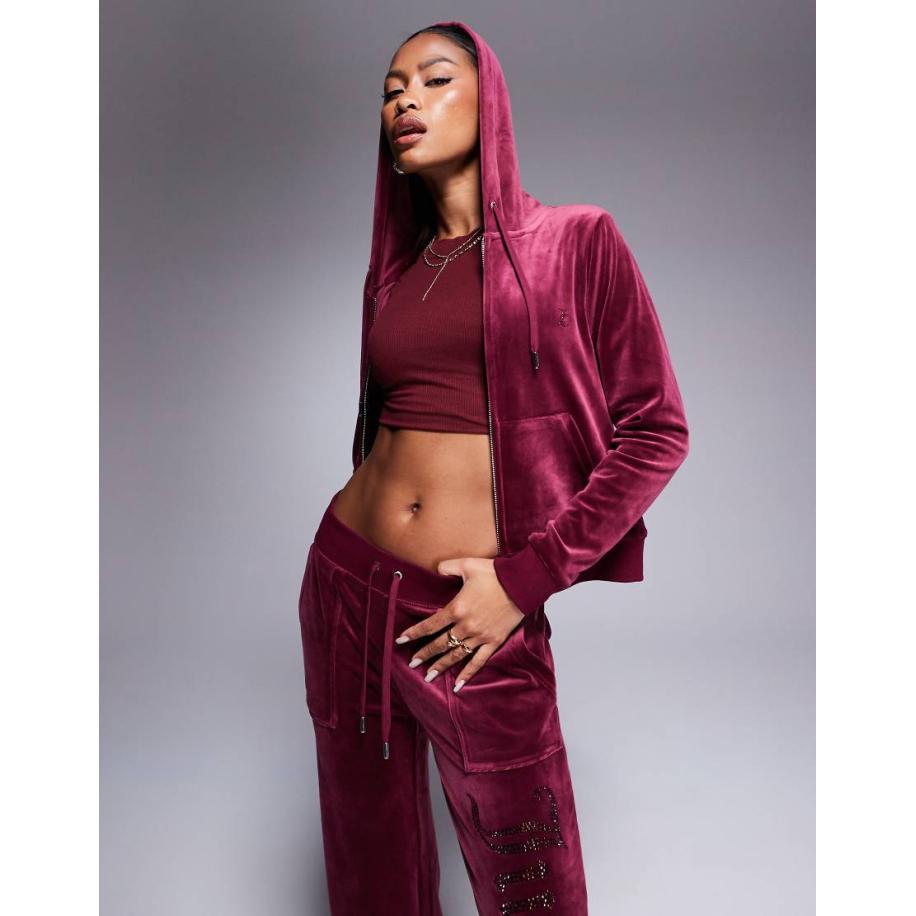 Juicy Couture Velours hoodie met rits en logo in bordeauxrood, deel van co-ord set Rood