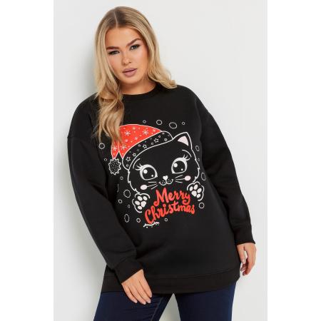 Yours Sweatshirt Met 'Merry Christmas' Slogan En Kattenprint In Zwart/Rood Size 58-60