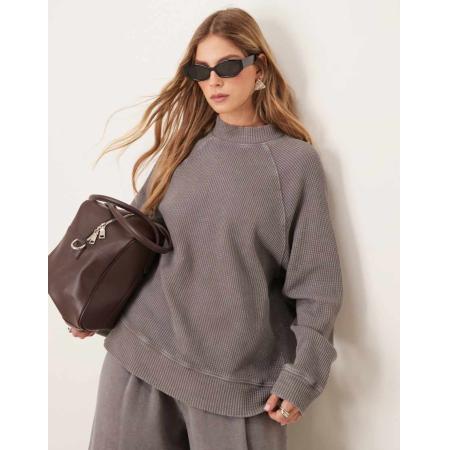 ASOS DESIGN Hoogsluitende top van zware stof met lange raglanmouwen en wafelstuctuur in grijs met wassing