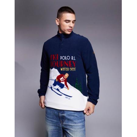 Polo Ralph Lauren - Sweatshirt van polar fleece met print van skiër en korte rits in marineblauw