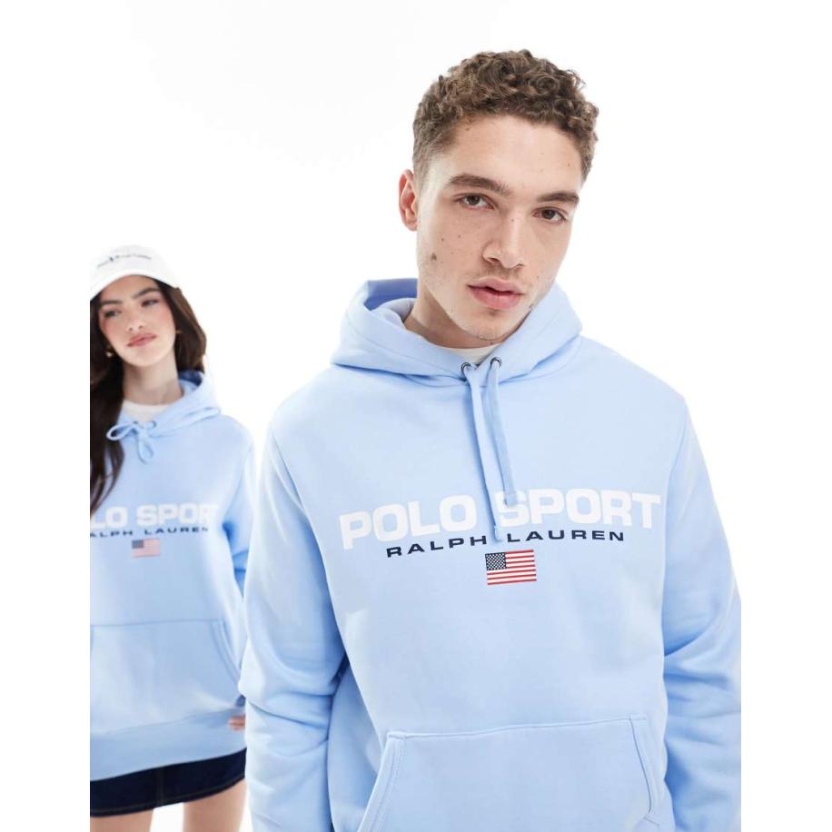 Polo Ralph Lauren - Sport Capsule - Uniseks hoodie met groot vlaglogo op de borst in lichtblauw Blauw