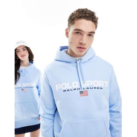 Polo Ralph Lauren - Sport Capsule - Uniseks hoodie met groot vlaglogo op de borst in lichtblauw