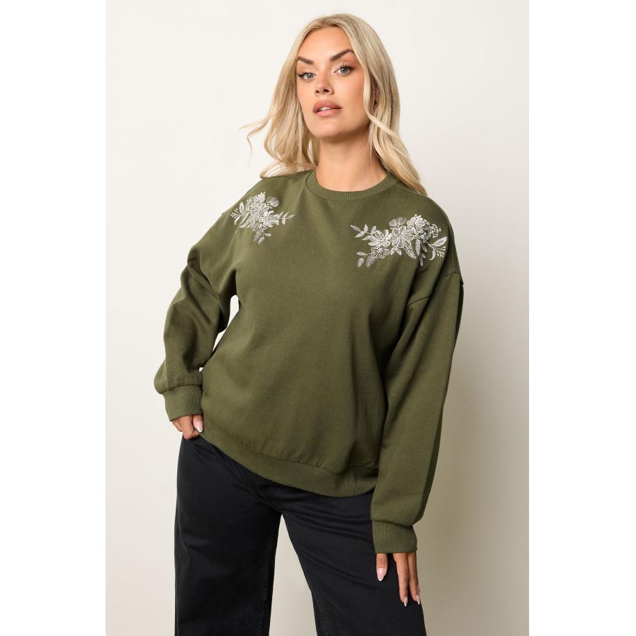 Yours Curve Khaki Groen Geborduurd Sweatshirt Size 54-56 Groen