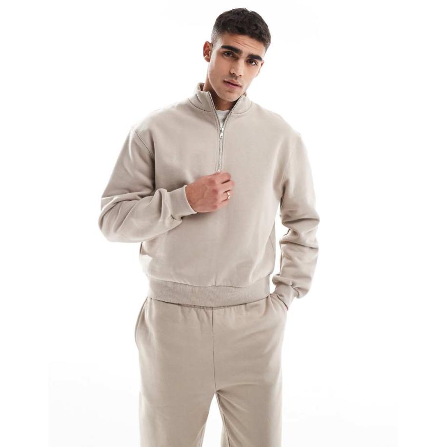 ASOS DESIGN - Oversized boxy sweatshirt van premium zware stof van 400 g/m² met kwart rits in beige-Neutraal Multicolor