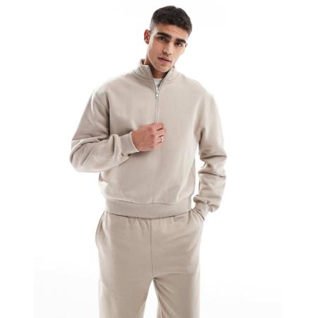 ASOS DESIGN - Oversized boxy sweatshirt van premium zware stof van 400 g/m² met kwart rits in beige-Neutraal