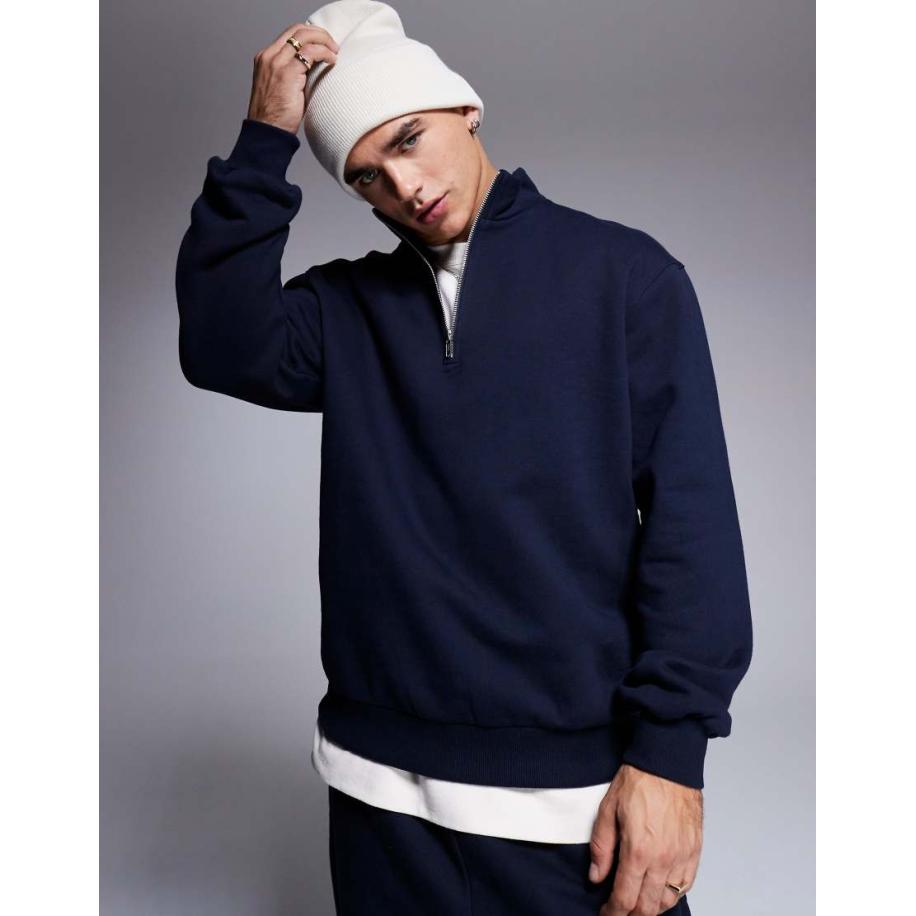 ASOS DESIGN - Premium - Oversized sweatshirt van zware 400gsm stof met korte rits in marineblauw Blauw