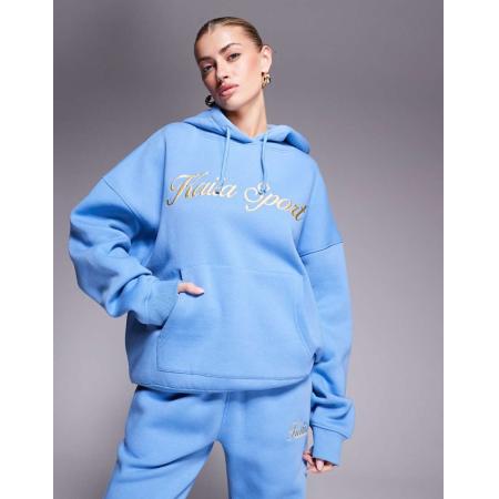 Kaiia Sport Hoodie met geborduurd geschreven logo in blauw en geel, deel van co-ord set-Veelkleurig