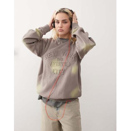 Daisy Street Geribbelde sweater met ronde hals en tekst in reliëf in taupe-Neutraal